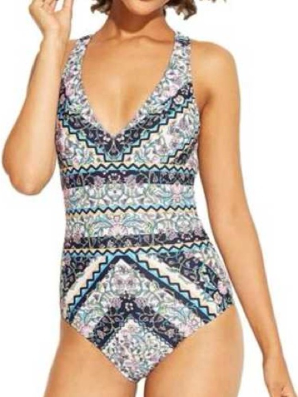 Kona Sol Boho Floral Geometric Crisscross Back One Piece Swimsuit L